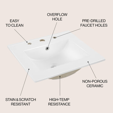 Ancillary 3-Hole 20 in. W x 18.25 in. D Classic Contemporary Rectangular Ceramic Single Sink Basin Vanity Top - JONATHAN Y